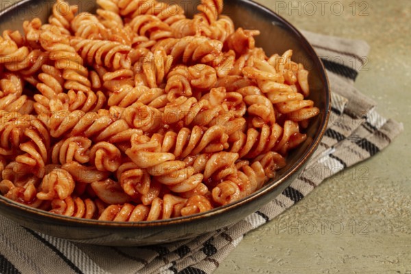 Fusilli pasta dish, made with tomato sauce, homemade, no people