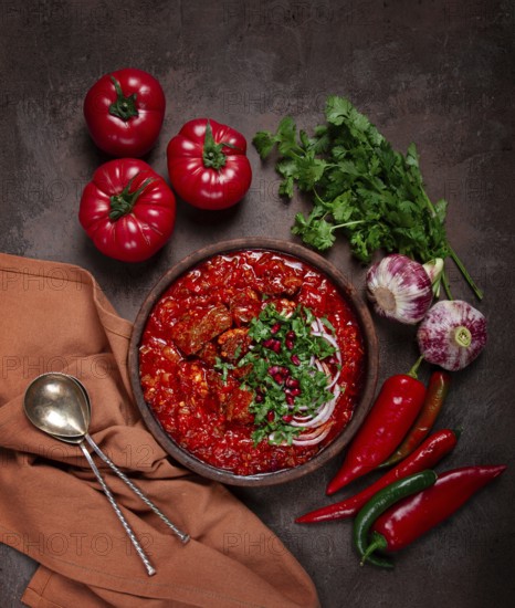 Chashushuli, a traditional Georgian dish, spicy, stewed meat with tomatoes and spices, homemade, no people