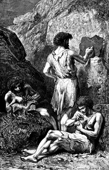 Cave dwellers painting walls and tools, rock cave, stone age, painting, early history of mankind, neolithic, cave painting, anthropology, palaeontology, historical illustration 1880