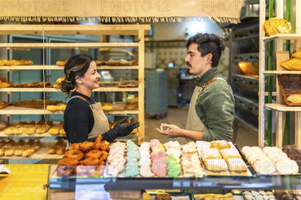 Side view of a male and female latin young workers of a bakery shop discussing in the counter