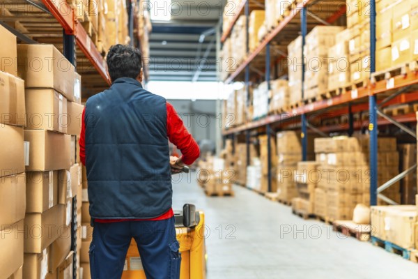 Rear view of a latin worker with machinery in the logistics warehouse