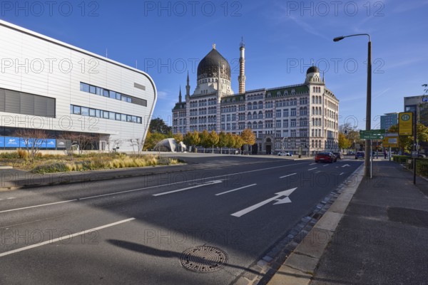 Yenidze tobacco factory, BallsportARENA Dresden, oriental buildings, modern architecture, historic factory, ball sports arena, intersection of Magdeburger Straße and Weißeritzstraße, Dresden, state capital, independent city, Saxony, Germany, Europe