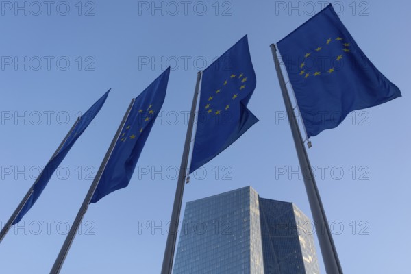 Four European flags fly in front of the headquarters of the European Central Bank in Frankfurt am Main, Frankfurt am Main, Osthafen, Hesse, Germany, Europe