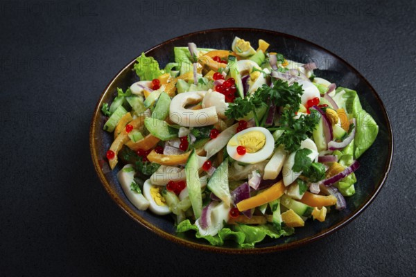 Salad with squid, fresh cucumber, eggs, sweet pepper, red onion, with dressing, homemade, no people