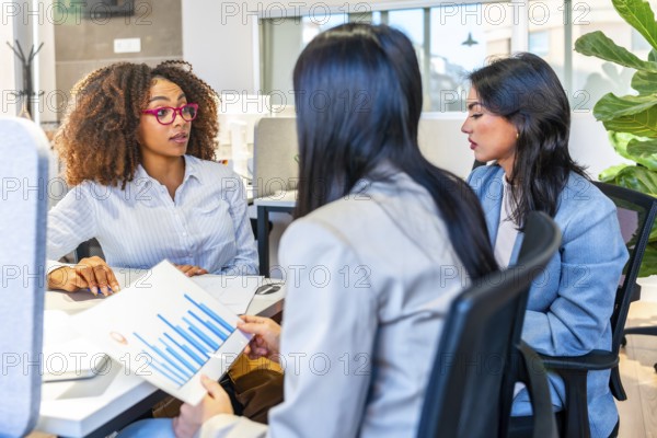 Three businesswomen are discussing over financial charts sitting at a desk in a modern coworking office
