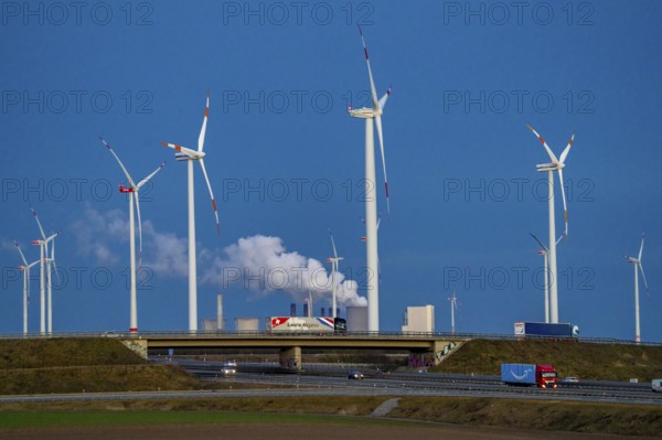 RWE Power Neurath lignite-fired power plant, RWE wind farm, Jackerath motorway junction, A44 and A61, near Bedburg, North Rhine-Westphalia, Germany, Europe