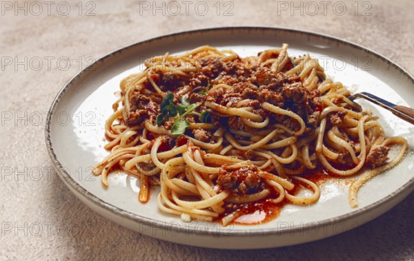 Spaghetti Bolognese, top view, close-up, without people, homemade