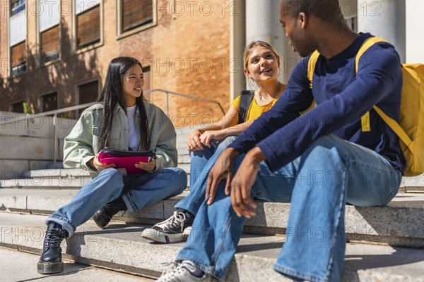 Multi-ethnic friends sitting on the stairs of the university talking together relaxed
