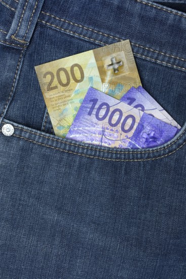 Banknotes in trouser pocket, Swiss franc, Switzerland, Europe