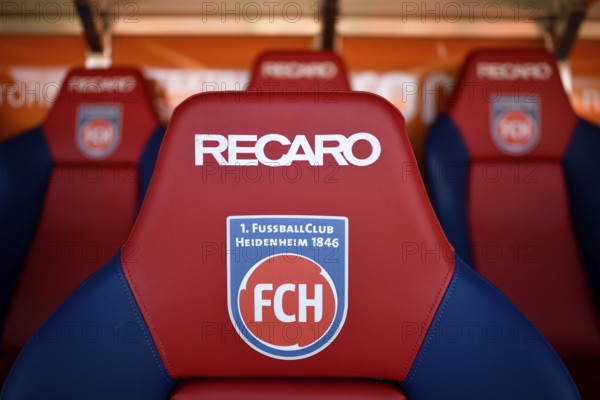 bench, bench, empty, logo, Recaro, seats, Voith-Arena, Heidenheim, Baden-Württemberg, Germany, Europe