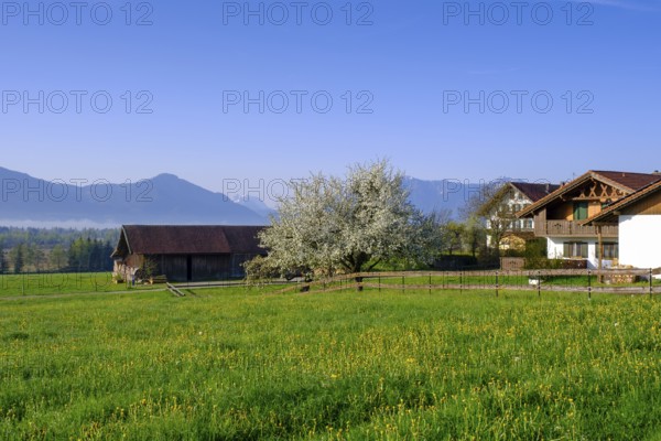 Edenkofen with Benediktbeurer Moor and Alpine chain, Penzberg, Upper Bavaria, Bavaria, Germany, Europe