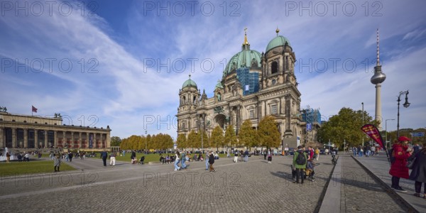 Altes Museum, Berlin Cathedral and television tower blue sky with cumulus and cirrostratus clouds, Berlin, capital city, independent city, federal state Berlin, Germany, Europe