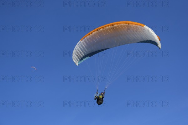 Paraglider with orange wing flies freely under a clear blue sky