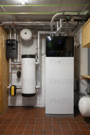 Newly installed air source heat pump in a basement, heating, Kamen, North Rhine-Westphalia, Germany, Europe