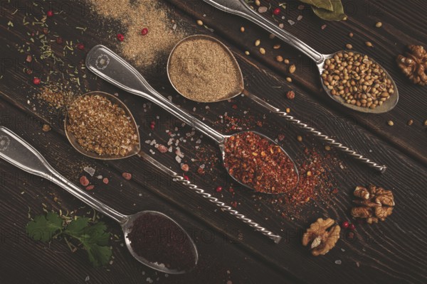 Georgian spices in spoons, on a wooden background, top view, no people