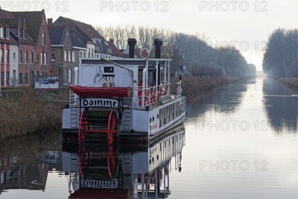 Nostalgic paddle steamer Lamme Goedzak spends the winter on the canal from Damme to Bruges, Damme, West Flanders, Flanders, Belgium, Europe