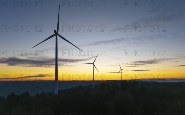 Wind turbines at dawn against a slightly cloudy sky, wind farm, Rems Valley, Baden-Württemberg, Germany, Europe