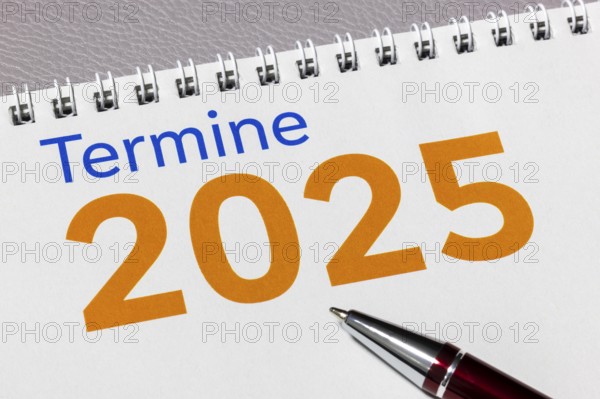 Calendar page with 2025 and a pen next to it, on white paper, diary, Germany, Europe