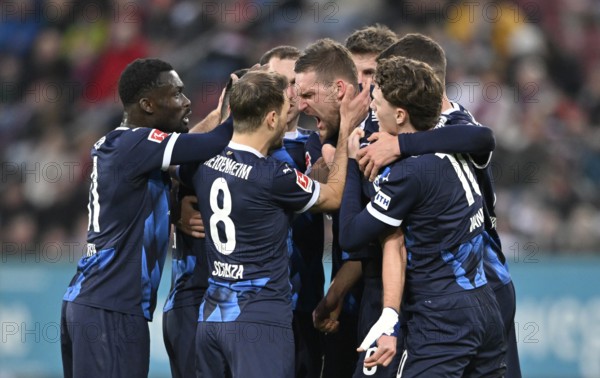Goal celebration Patrick Mainka 1. FC Heidenheim 1846 FCH (06) Leo Scienza 1. FC Heidenheim 1846 FCH (08) Paul Wanner 1. FC Heidenheim 1846 FCH (10) Sirlod Conteh 1. FC Heidenheim 1846 FCH (31) Jonas Foehrenbach 1. FC Heidenheim 1846 FCH (19) WWK Arena, Augsburg, Bavaria, Germany, Europe