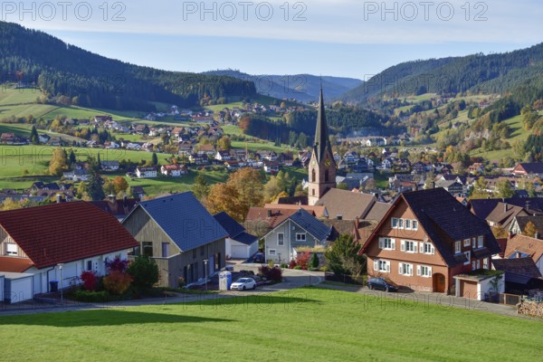 View of Baiersbronn with St. Mary's Church, Freudenstadt district, Black Forest, Baden-Württemberg, Germany, Europe