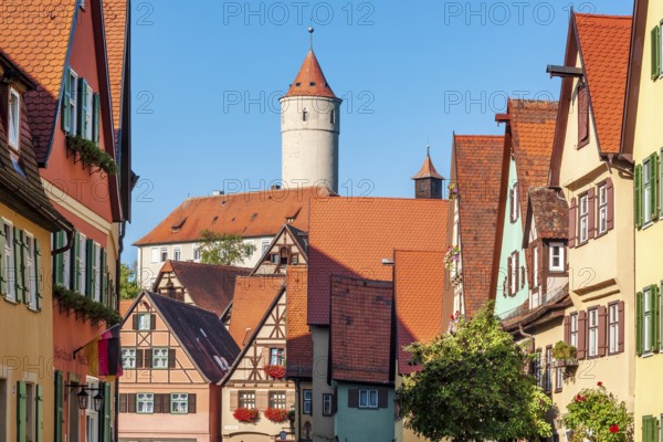 Town houses in the old town centre behind the Green Tower, Romantic Road, Dinkelsbühl, Middle Franconia, Franconia, Bavaria, Germany, Europe