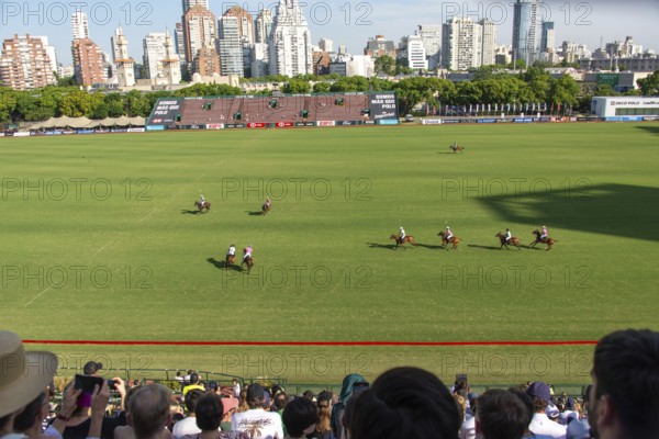 Scene from the 131st Argentine Open Polo Championship (Spanish: Campeonato Argentino Abierto de Polo), the most important international polo tournament, match La Hache Polo Team (white) against Indios Chapaleufú (pink), on 16 November 2024, with the skyline of Palermo, Buenos Aires, Argentina, South America