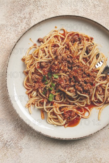 Spaghetti Bolognese, top view, close-up, without people, homemade