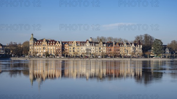 Art Nouveau facades, historic townhouses on Seestrasse with the Seerhein, Constance funnel, Lake Constance, Constance district, Baden-Württemberg, Germany, Europe