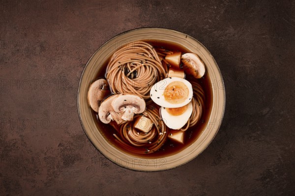 Asian soba soup, with mushrooms and egg, cheese, sesame seeds, homemade, no people