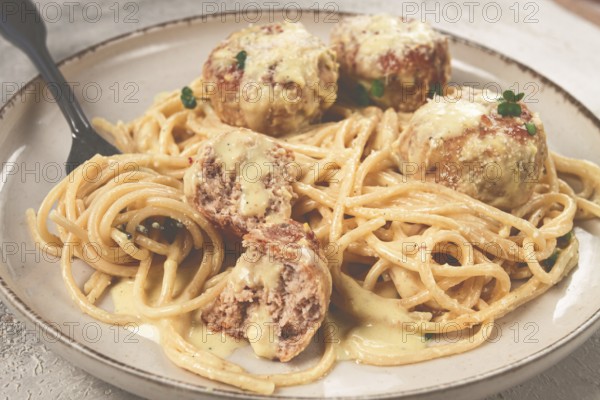 Spaghetti with chicken meatballs, with cream sauce, and parmesan cheese, and decorated with microgreens, homemade, no people