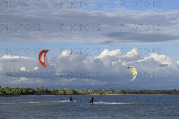 Kite surfers on Grado Pineta beach, Grado island, Friuli Venezia Giulia region, Italy, Europe