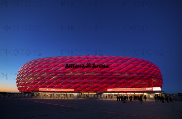 CL, Champions League evening, Allianz Arena, illuminated, overview, blue hour, Munich, Bavaria, Germany, Europe