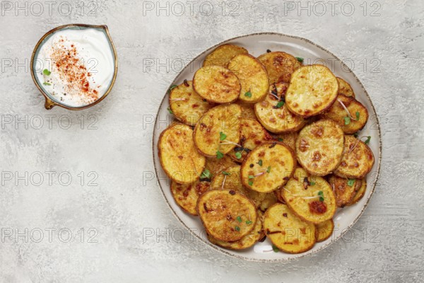 Crispy potato slices, with parmesan cheese and spices, fried in the oven, homemade, no people