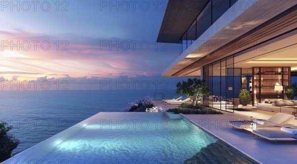 Expensive luxury private villa facing the ocean beach. Concept of expensive upscale rich lifestyle., AI generated