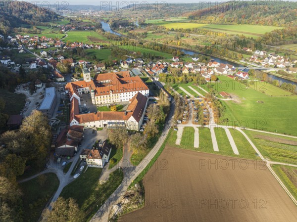Aerial view of Plankstetten with Benedictine Abbey, Plankstetten, Berching, Bavaria, Germany, Europe