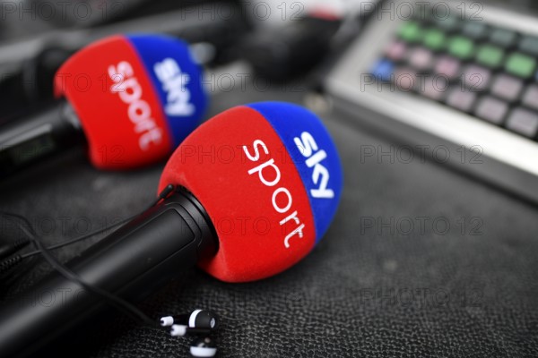 SKY Sport logo microphones Microphones lying on table Allianz Arena, Munich, Bavaria, Germany, Europe