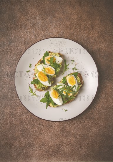 Sandwich with mashed avocado, boiled egg, and arugula, on bread, homemade, breakfast
