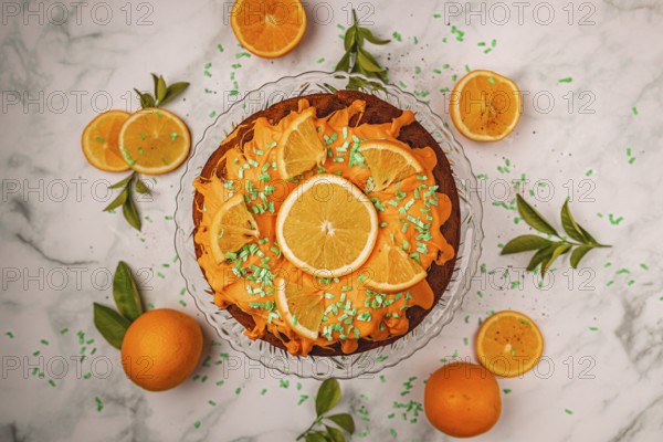Orange cake, oranges (Citrus sinensis), autumn atmosphere, from above