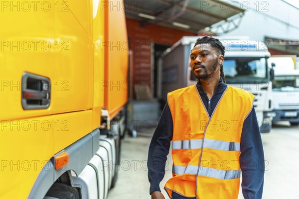 African man walking next to lorry in a parking of distribution warehouse