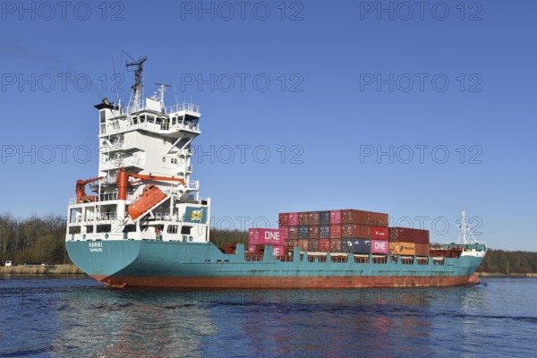 Container ship Hanni sailing in the Kiel Canal, NOK, Kiel Canal, Schleswig-Holstein, Germany, Europe