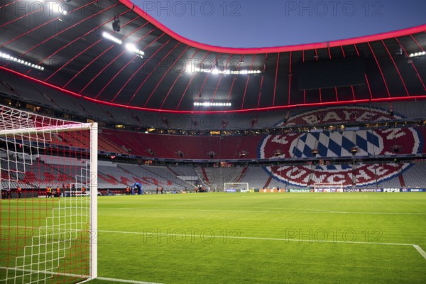 Evening match Allianz Arena, interior, illuminated, LTor, ogo FC Bayern Munich, blue hour, UEFA Champions League Allianz Arena, Munich, Bavaria, Germany, Europe