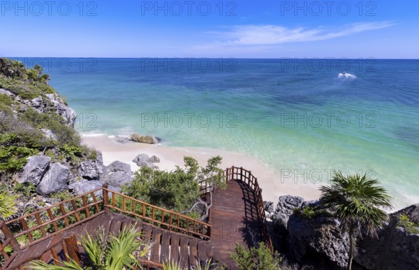 Tulum Archaeological Zone with Mayan pyramids and ruins located on the scenic ocean shore of Quintana Roo province