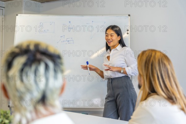 Chinese woman using white board presenting a project in a hub next to coworkers