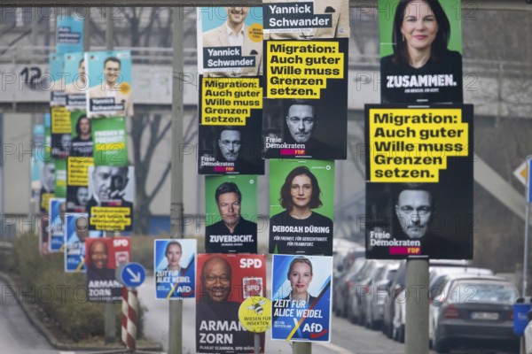 Election posters of the established parties CDU, AfD, Bündnis 90, Die Grünen, SPD and FDP hang on several lampposts in the north-west of Frankfurt. The early federal election will take place in Germany on 23 February 2025, Nordweststadt, Frankfurt am Main, Hesse, Germany, Europe