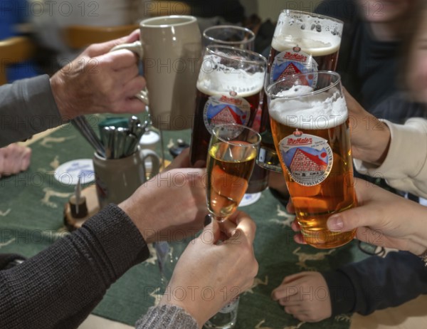 Friends toasting each other with beer in a pub, Franconia, Bavaria, Germany, Europe