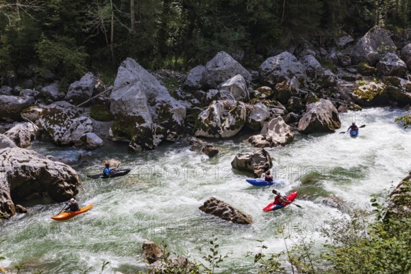 Mountain stream, Triftsteig, kayaker on the Saalach near Lofer, Saalachtal, Pinzgau, Land Salzburg, Austria, Europe