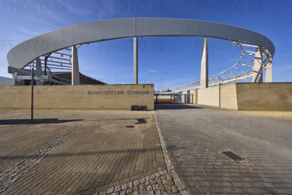 Heinz-Steyer-Stadion, stadium, side entrance, concrete building, roof construction, deep blue sky with cirrostratus clouds, Weißeritzstraße, Dresden, state capital, independent city, Saxony, Germany, Europe