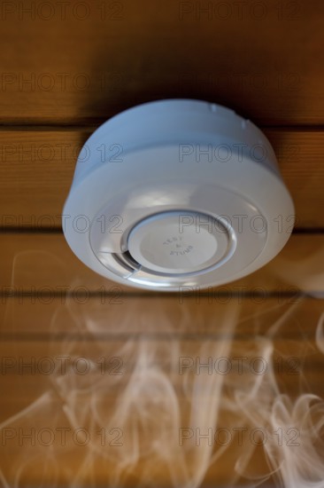 Home smoke detector, battery-operated smoke detector, smoke, wooden ceiling, building services, Stuttgart, Baden-Württemberg, Germany, Europe