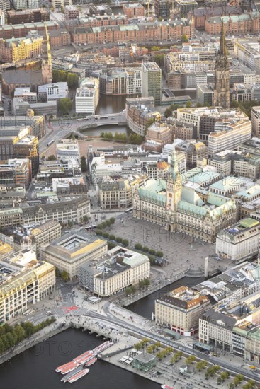 Aerial view of Hamburg City Hall with Inner Alster Lake, Jungfernstieg and Speicherstadt, Hamburg, Germany, Europe