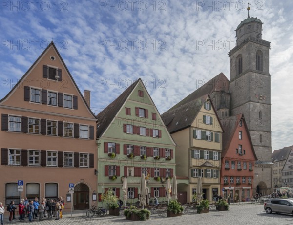 Historic residential and commercial buildings, on the right the late Gothic hall church of St George, Dinkelsbühl, Bavaria, Germany, Europe